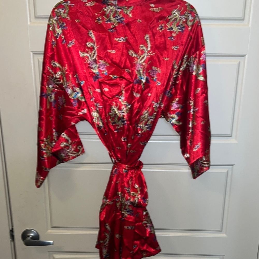 Frederick's Hollywood Red Silk kimono floral Robe vintage romantic - Picture 7 of 9